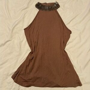 Sleeveless Brown Halter Top with Embellished Neckline